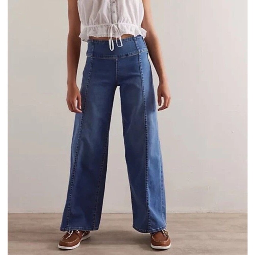 Free People Spotlight Wide Leg Jeans High Rise Flat Front Trouser Panel Flare 33 - Picture 1 of 6